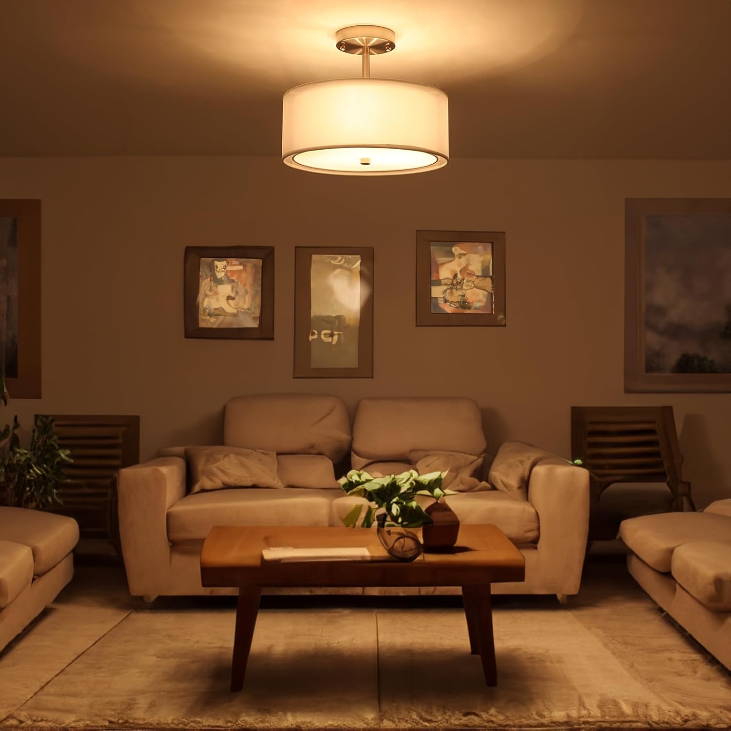 Luupyia 3-Light Fabric Drum Ceiling Lighting with Double Fabric Shade, 12.59 Inches Simple Modern Semi Flush Mount Ceiling Pendant Light Fixture Modern Chandelier for Bedroom, Hallway, Foyer E26 60W