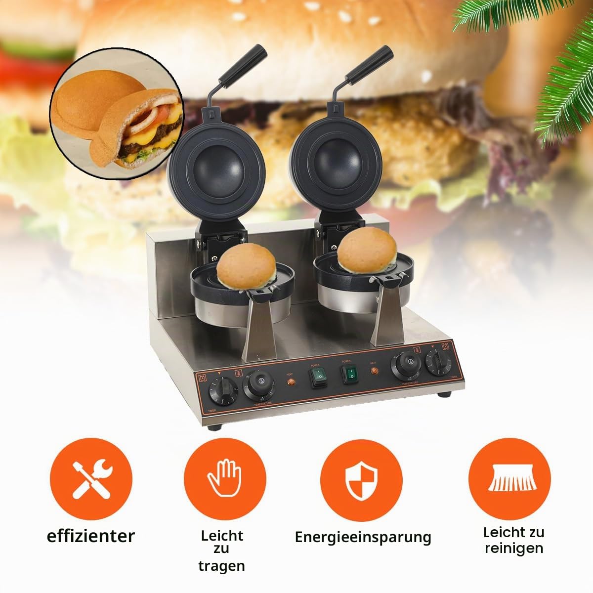 Elektrische UFO-Burger-Presse, Doppelkopf Kommerzielle Antihaftbeschichtete Panini-Presse für Hamburger, 50°C-300°C Temperaturregelung, 0-5 Min Zeiteinstellung für den gewerblichen Heimgebrauch