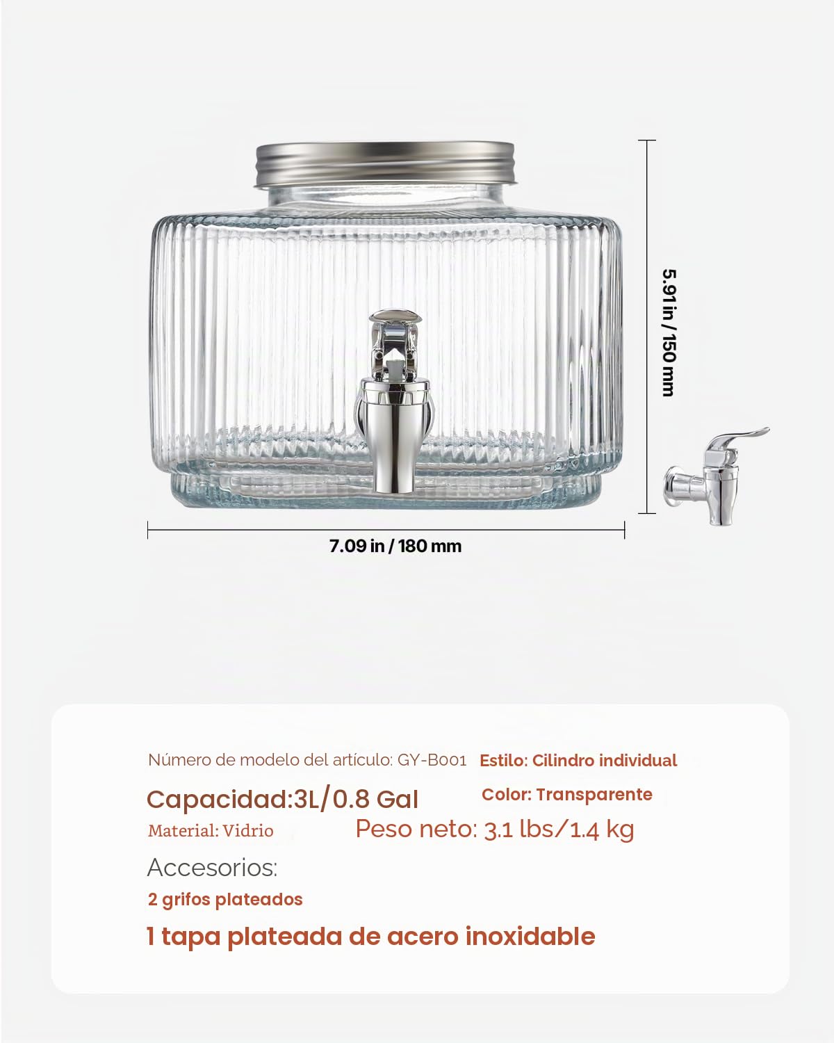 VEVOR Dispensador de Bebidas 3 L para Fiestas, Dispensador de Zumo de Cristal con Grifo y Tapa Antigoteo, para Agua, Té Helado, Limonada y Zumo para Restaurantes, Hoteles y Fiestas, Transparente
