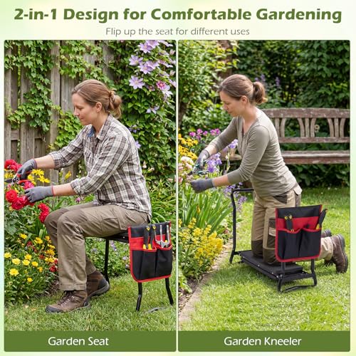 Image of 2-in-1 Garden Kneeler and Seat, Folding Garden Seat w /EVA Foam Kneeling Pad & Removable Tools Pouch, Sturdy Steel Frame, No Assembly, Portable Heavy Duty Garden Stool for Women Men Seniors