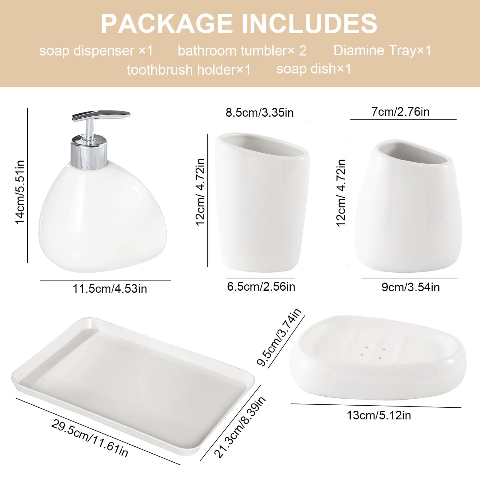 Bathroom Accessories Set, 6Pcs Ceramics Bathroom Set, 2 Mouthwash Cup, Toothbrush Holder, Soap Dish, Soap Dispenser Pump - Image 3