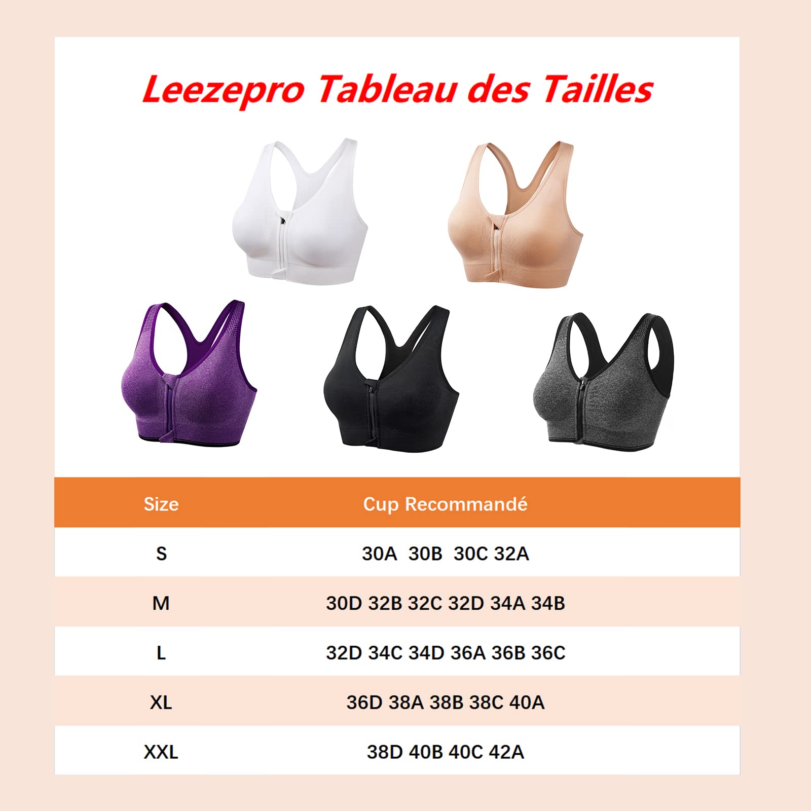 Soutien-Gorge de Sport Post-opératoire Brassière Femme Zippée Avant Zipper Lingerie avec Coussinets Amovibles Push Up Courir Vest pour Fitness Jogging Yoga Course