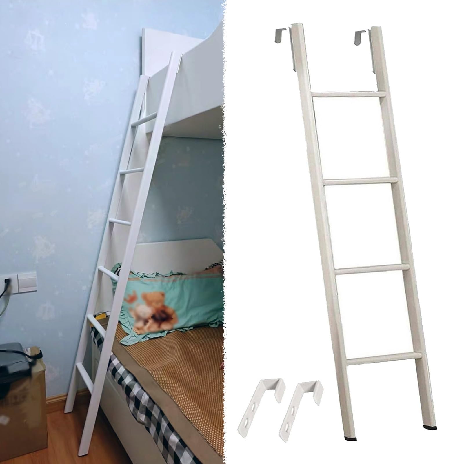 Escalera metálica para litera de diseño minimalista, estructura blanca con peldaños planos
