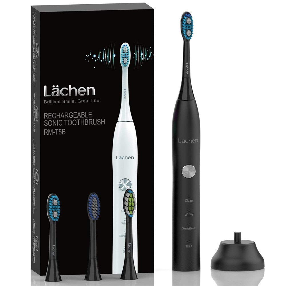 NERBSonicool/Lachen 2019 New 051B Ultrasonic Sonic Electric Toothbrush USB Rechargeable Tooth Brushes with 4 Pcs Replacement Heads (Color : T5BLACK)