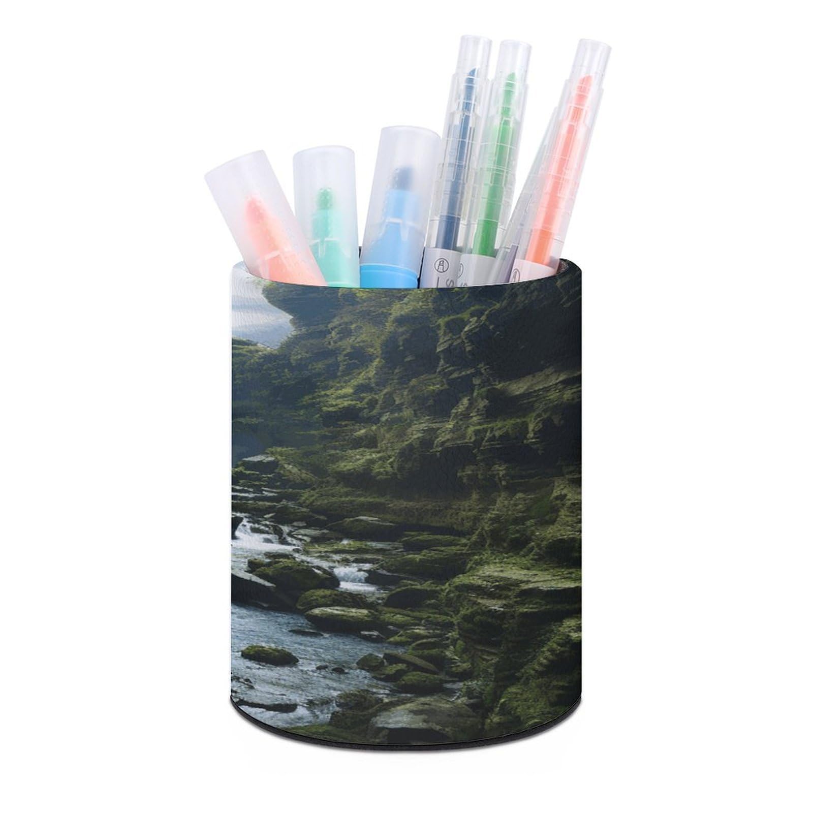 LDGSUPH Waterfall Cliff Round Pen Holder Leather Pen Cup Pencil Cup Pen Organizer Pencil Holder for Desk Organizer Pencil Organizers Makeup Brush Holders for Home Office Gift