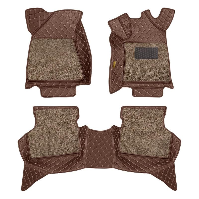 Image of Luxury 7D Car Floor Mat Full Set for Skoda Kushaq (2021) | 7 Layer Protection Mats | Luxury Leather with Noodle /Curly Car Foot Mat with Heal Pad | Anti-Skid & Waterproof (Coffee Beige)