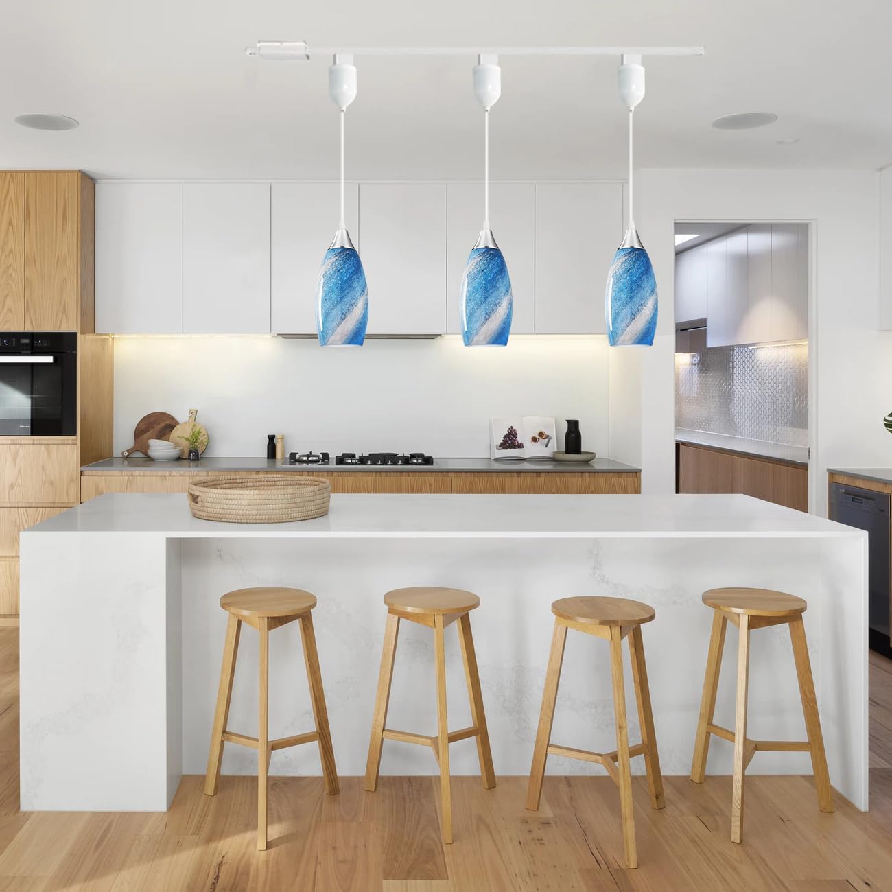 Kiven H-Type Track Lighting Pendants Adjustable Height,Modern h Track Pendant Lights with Blue Art Glass Lampsade,Decorative Track Lighting Fixture for Kitchen Island Hallway, 3-Light