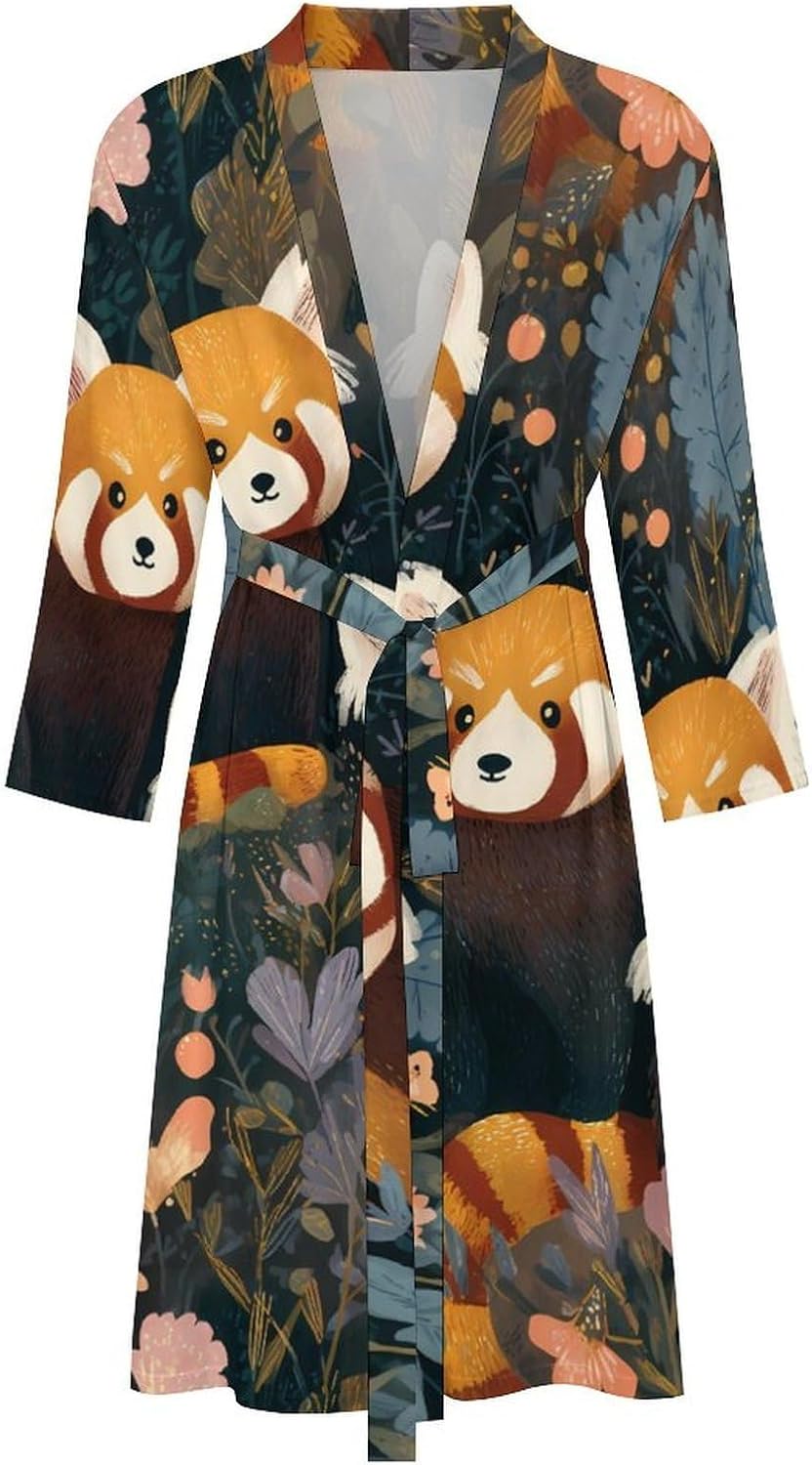 Red Pandas Fairy Forests Casual Robes Bathrobe Knee Length V-neck Loungewear Sleepwear