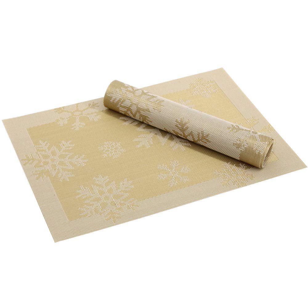 Time to Sparkle Set of 12 PCS Vinyl Woven 6pcs Placemats + 6pcs Coasters Place Mats Non slip Table Mats Waterproof Heat-resistant Dining Table Mats Decor(Gold Snowflake) - Image 2