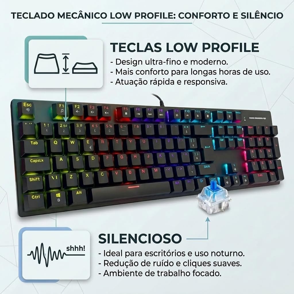 Kit Gamer Teclado Mecânico Silent Low Profile e Mouse RGB 7 Botões