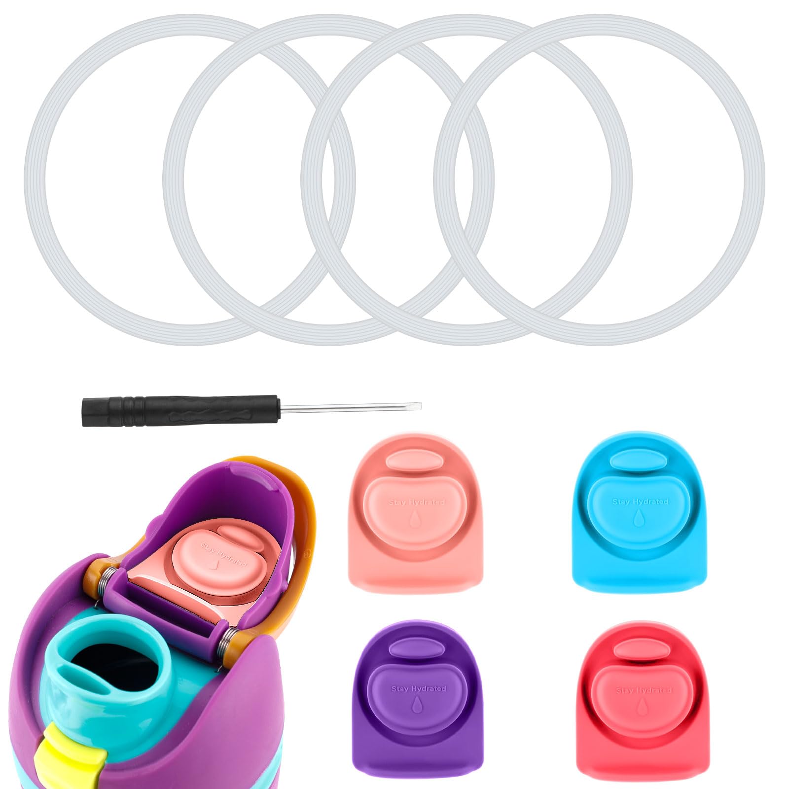 4pcs Replacement Stoppers & 4pcs Bottle Seal Rings for Owala FreeSip 24oz 32oz, BPA-Free Silicone O Ring Water Bottle Top Lid Replacement Parts for 16