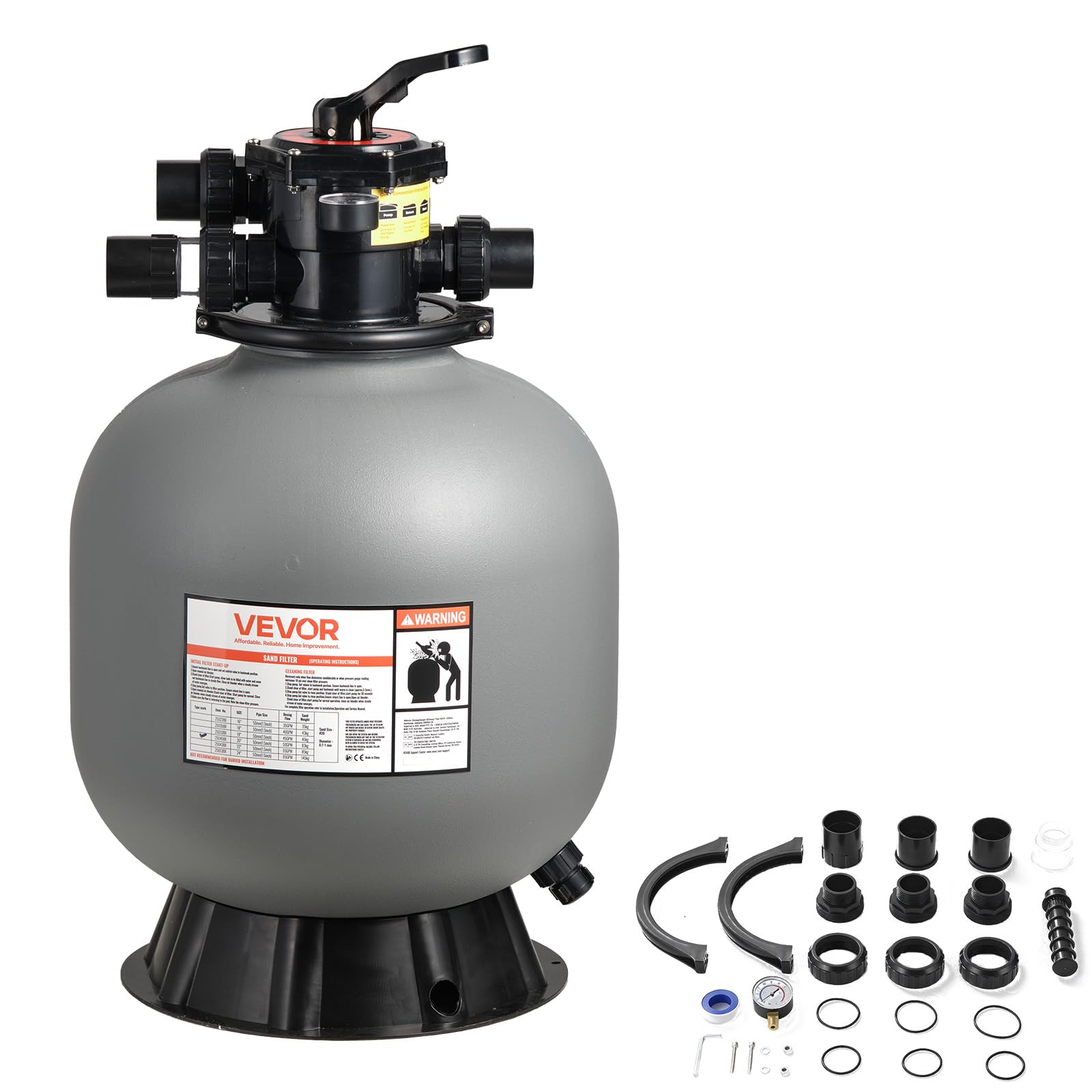 VEVOR Filtro de Arena de 535 mm y 189,3 LPM, para Piscinas Elevadas Enterradas, PE, con Válvula Multipuerto de 7 Vías, Retrolavado, Enjuague, Recirculación, Desagüe, Invierno y Modos Cerrados
