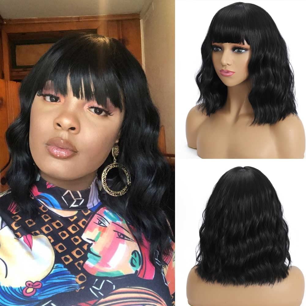 Short Wavy Bob Wig With Bangs For Women, Shoulder Length