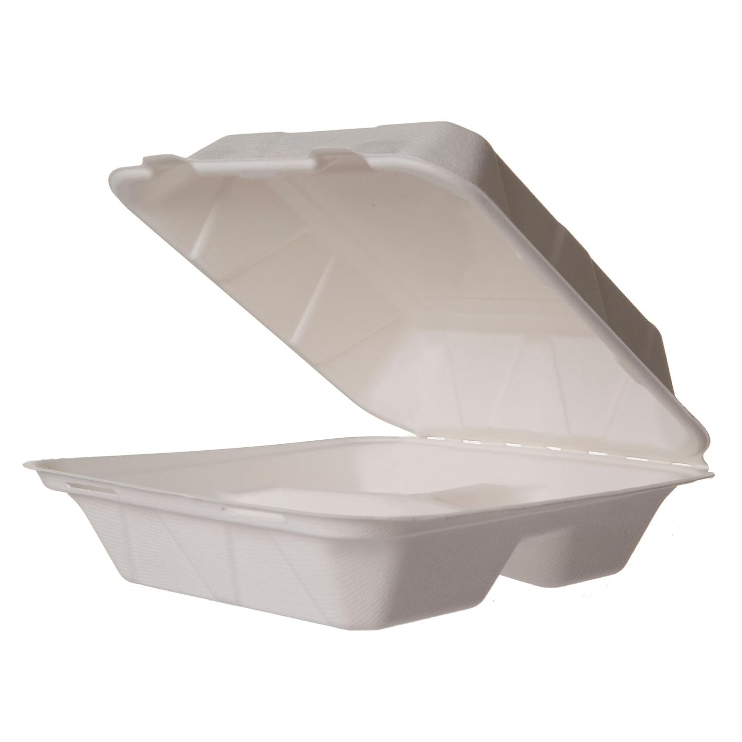 Vegware Compostable 8" Clamshell Square Containers, 3 Compartment, Case of 200, White Reclaimed Natural Molded Fiber, To Go Food Box, Tree-Free, Protects from Condensation