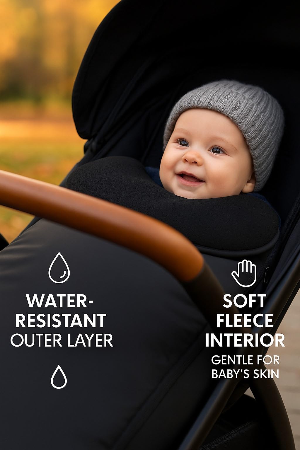BABYMAM Coprigambe universale per passeggino e passeggino, fodera in caldo pile, impermeabile, 2 in 1, con dita comode, colore: nero