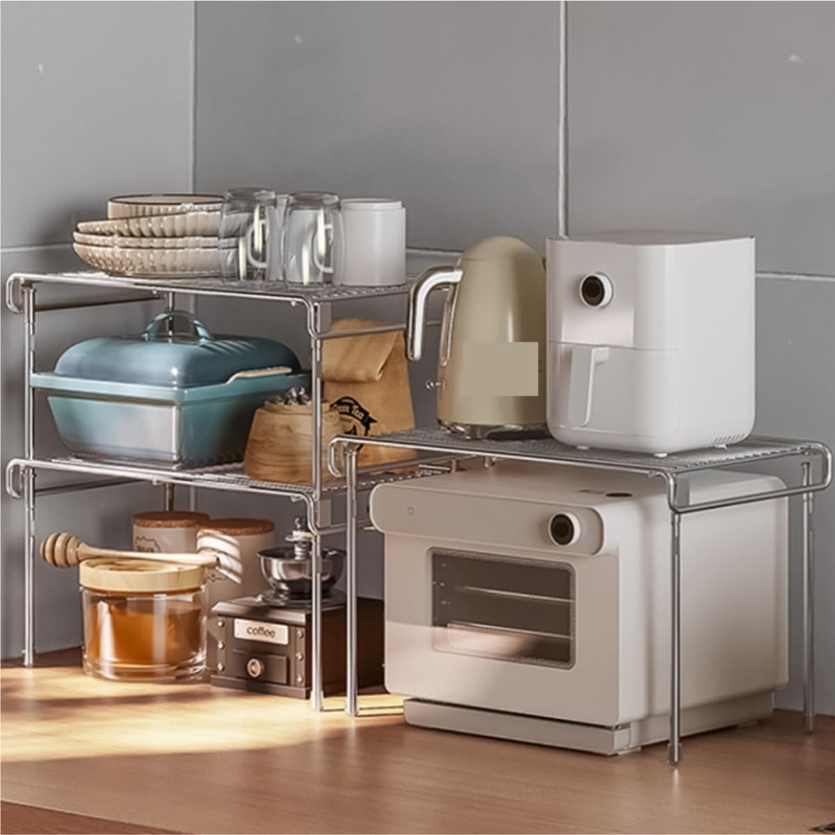 Küchen Organizer Microwave Holder Edelstahlregal for Den Haushalt, Stapelbar, Arbeitsplatte, Schrank, Geschichtetes Geschirr, Gewürze, Multifunktionales Lagerregal Mikrowellenregal(18.8cm)