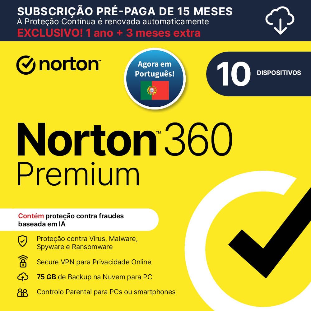 Norton 360 Premium 2026| Antivírus 10 Dispositivos| 15 meses com renovação automática| Descarga digital