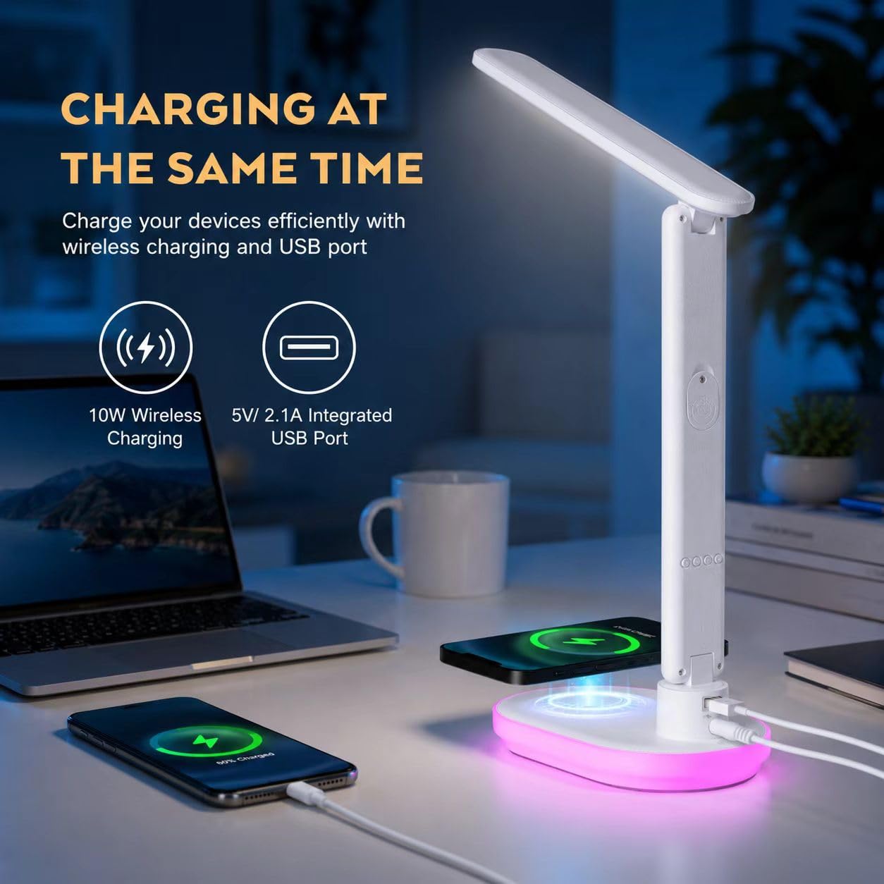 Lampe de Bureau LED 10W Dimmable Tactile avec Chargeur sans Fil, USB, Horloge, Veilleuse Couleur, LCD, Blanc