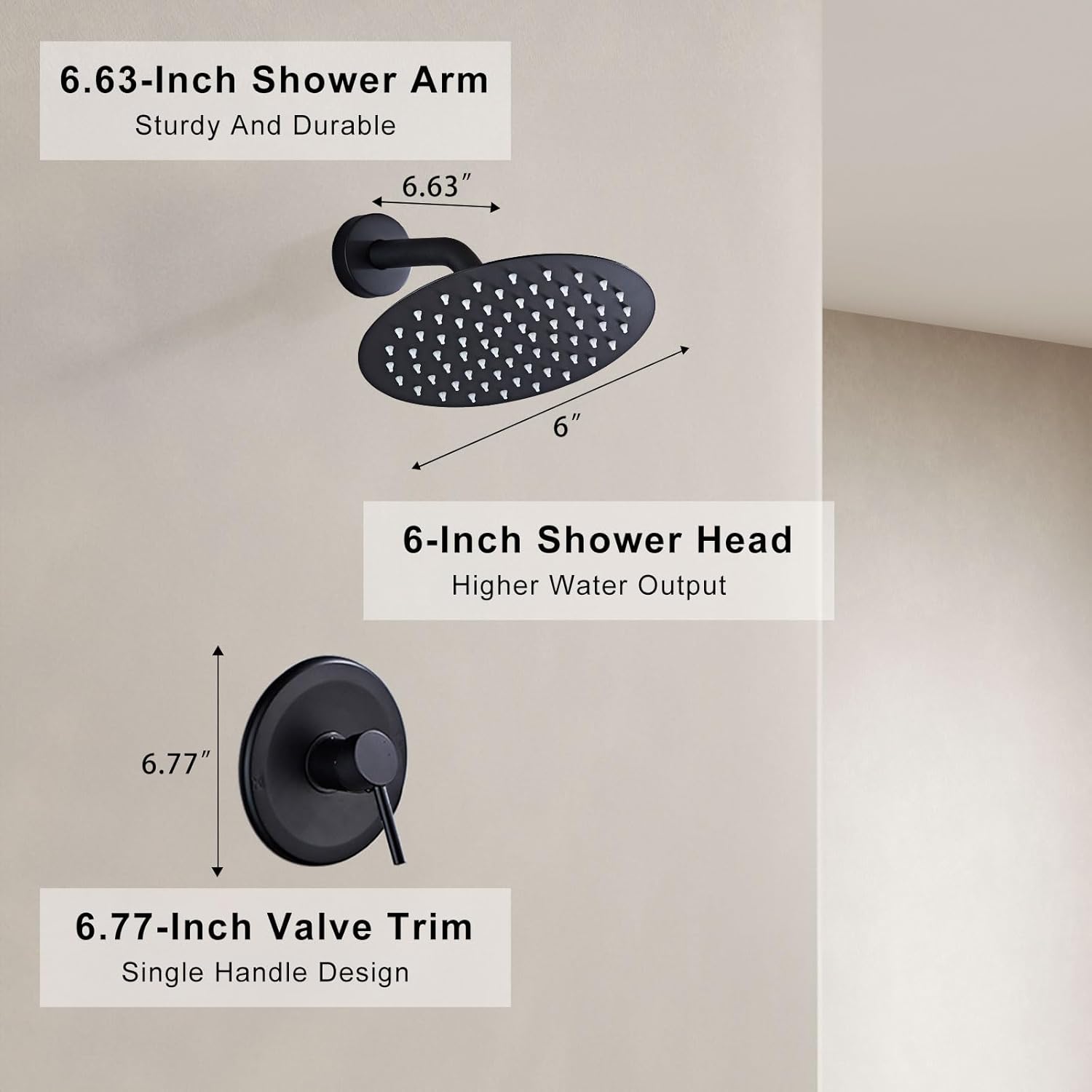 HUCKLE Matte Black Shower Head and Faucet Set with Valve, 6-Inch High Pressure Rainfall Shower Head, SUS304 Stainless Steel Single Handle Bath Trim Kit, Modern Bathroom Faucet Systems