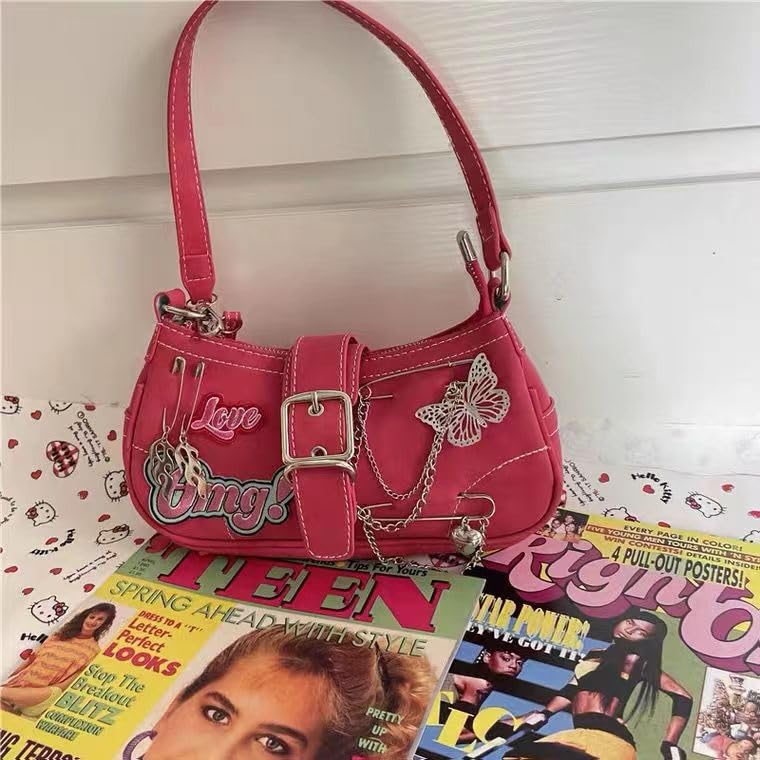 FONETTOS Punk Bag, Sourpuss Gothic Tote Purse Y2K Cool Style Trendy Women Shoulder Bags Rock Fashion Girls Handbag: L-rose Red