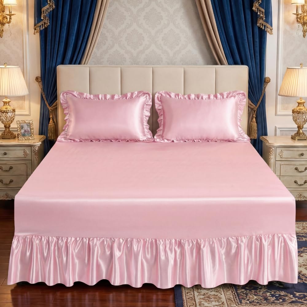 Luxury Satin Silk Valance Sheet 30cm Deep Fitted with 35cm Frill | Smooth Gloss Finish | Single Double King Super King (BABY-PINK, DOUBLE)