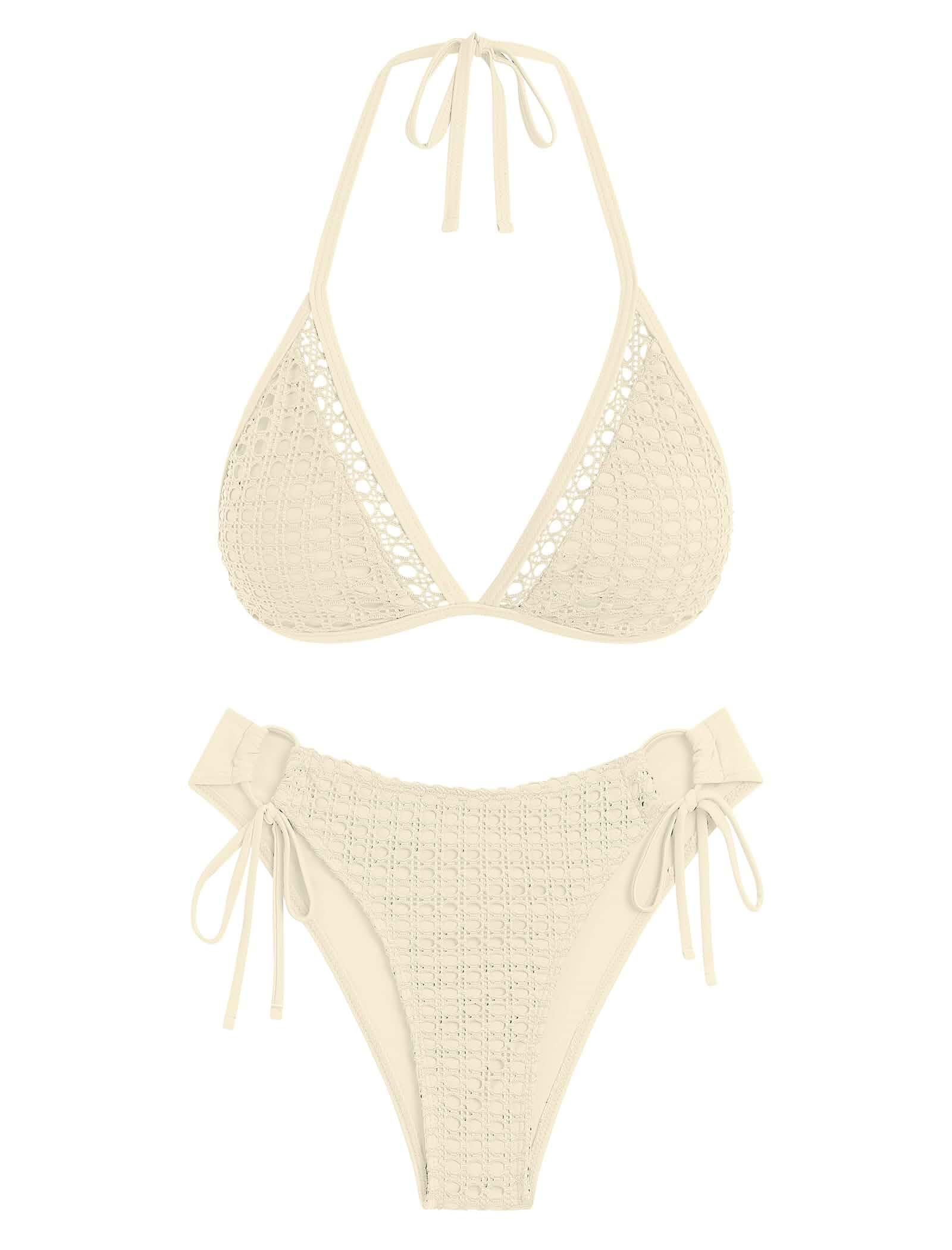 ZAFUL Women's Halter Triangle Bikini Set Crochet Boho Floral Swimsuit Cut Out Tie Side Two Piece Bathing Suit