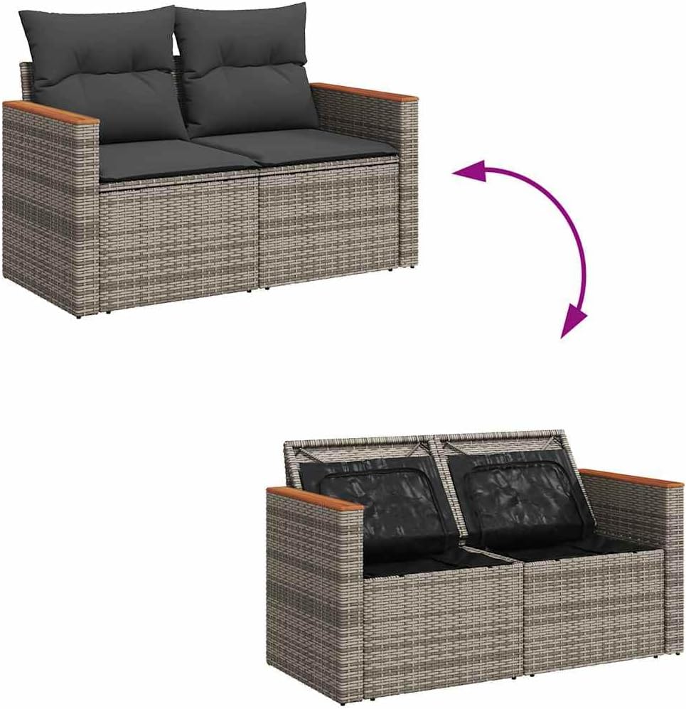 Grey Modular Outdoor Loveseat Sofa with Hidden Storage, Removable Cushion Covers, PE Rattan Acacia Wood Construction, 2 Seater for Patio Garden Balcony Furniture