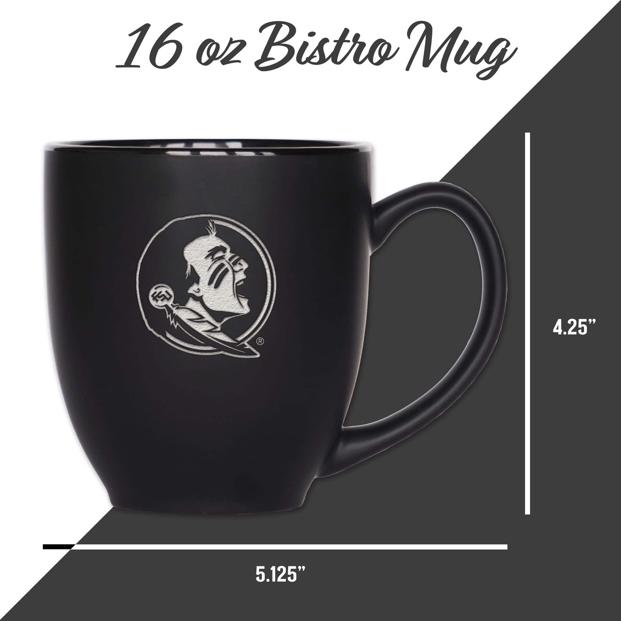 Rico Industries NCAA Florida State Seminoles Main - Taza bistró negra mate de 16 onzas, para bebidas calientes o frías, logotipo del equipo grabado para una sensación única