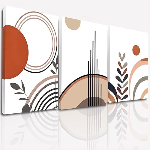 YokiMino Juego de 3 arte bohemio para pared, moderno lienzo enmarcado de mediados de siglo, abstracto, minimalista, geométrico, sol y plantas,
