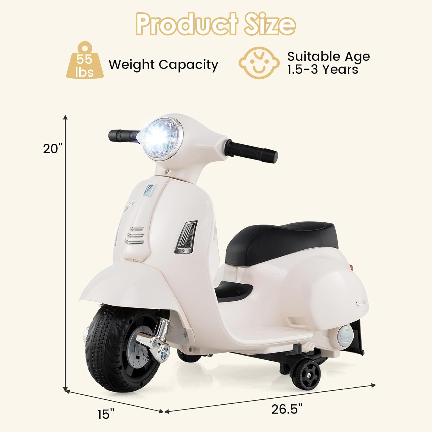 Licensed Vespa Scooter Kids Motorcycle by OLAKIDS, 6V Ride on Electric Motorcycle with Training Wheels, Headlight, Battery Powered 3 Wheels Toy Gift with LED Headlight Horn for Boys Girls (White)
