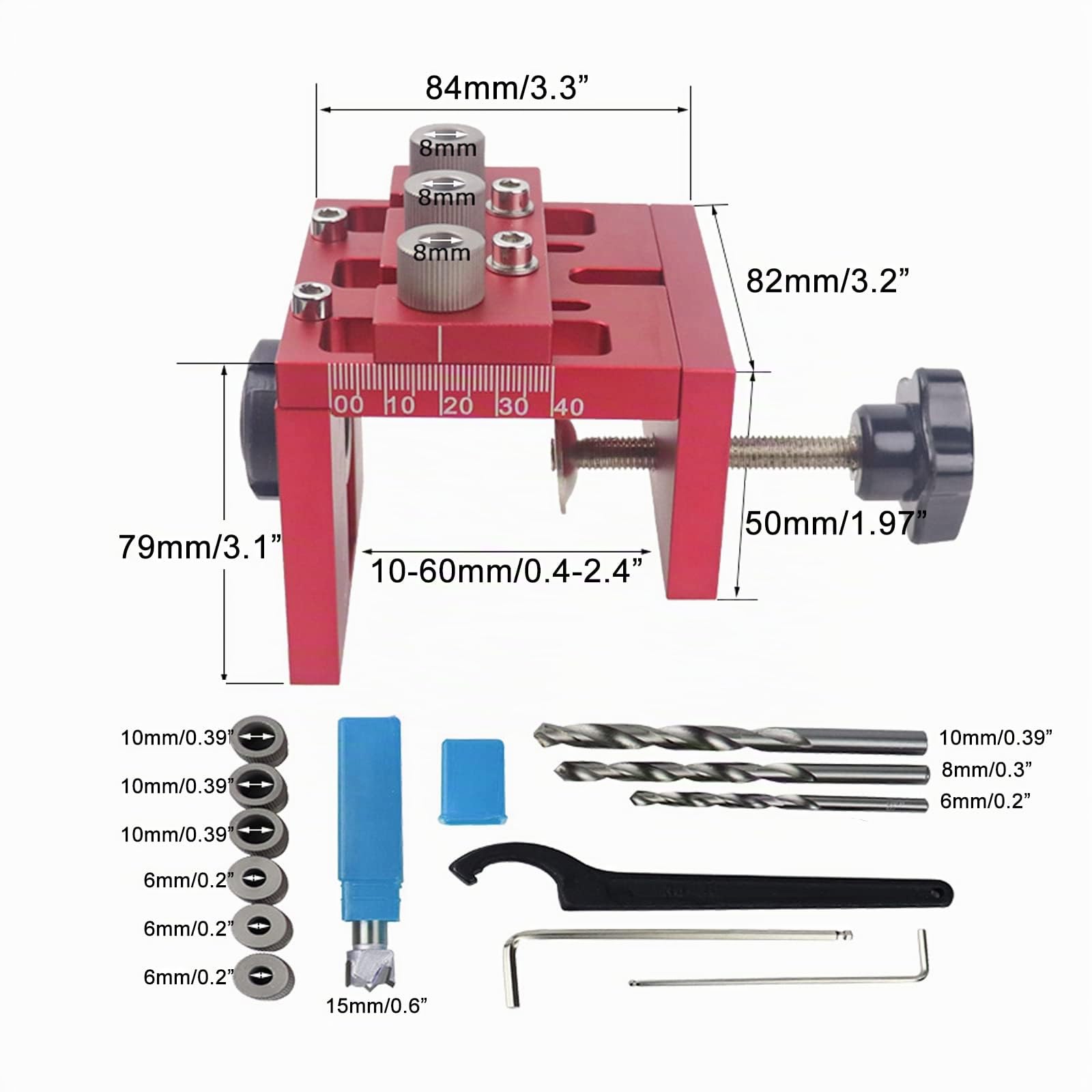 Kit di guida per trapano 6/8/10/15mm,CEIEVER Guida di Perforazione 4 in 1 Guida Localizzatore Jig con Clip di Posizionamento Alluminio 6061 Dima Per Fori a Tasca Per la lavorazione del legno e DIY (4)