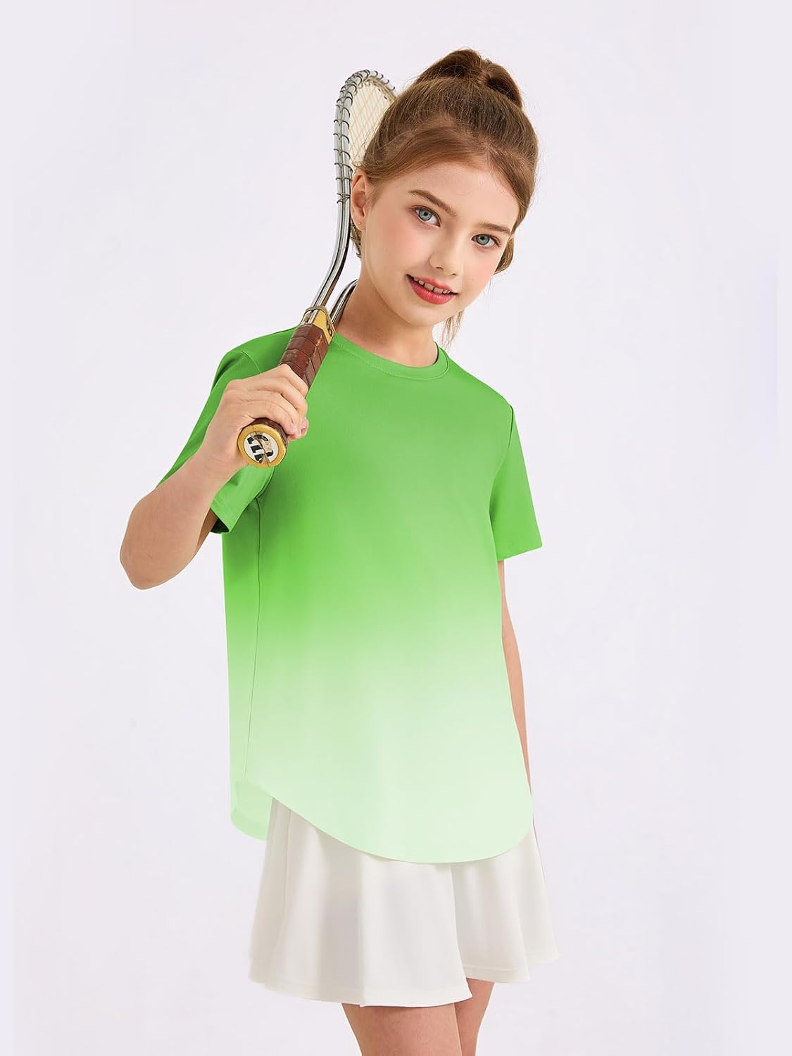 Haloumoning Girls Gradient Short Sleeve Athletic Shirts Kids Summer Crewneck Quick Dry Tees with Curved Hem 5-14 Years
