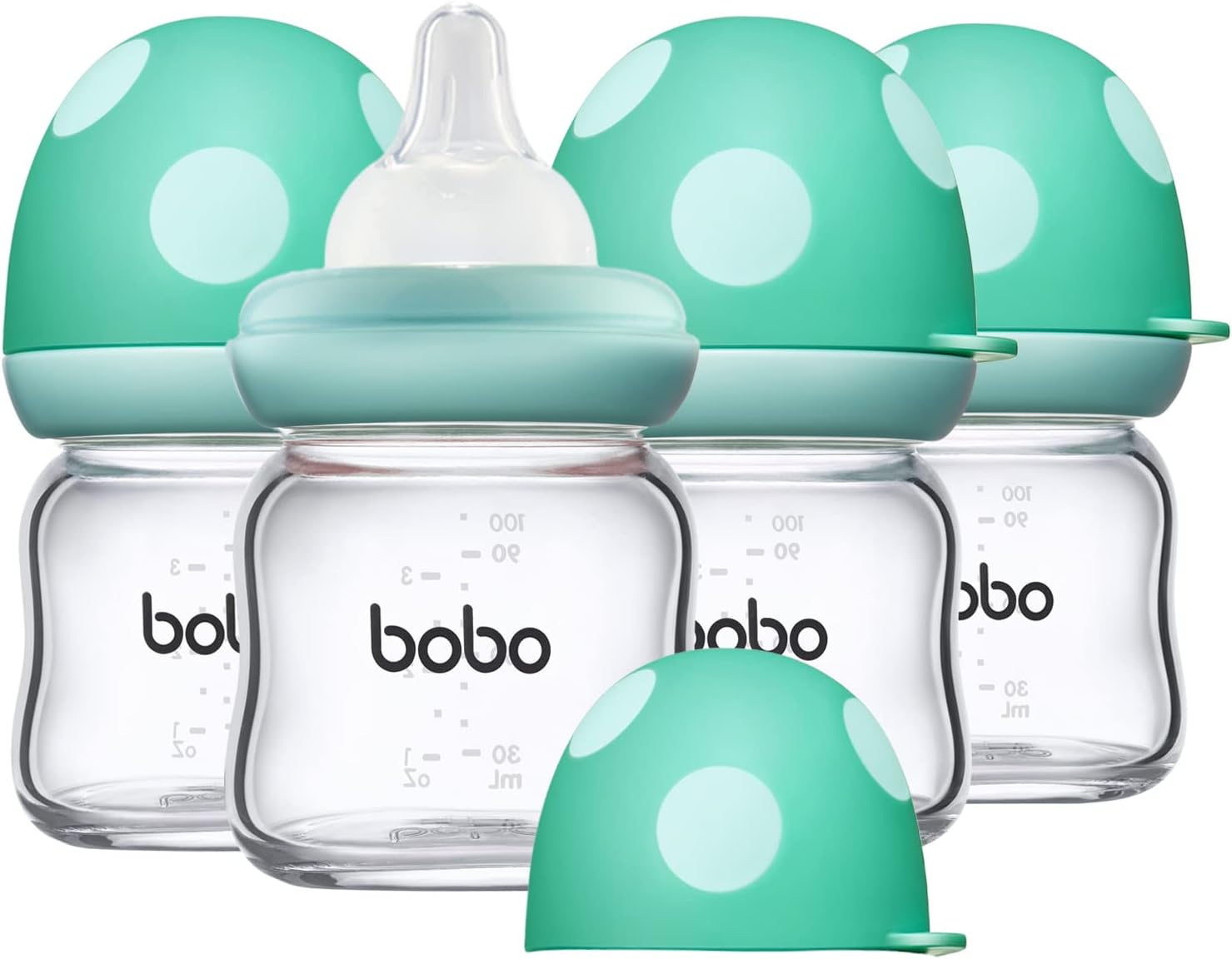 YOHKOH Natural Glass Baby Bottle with Level 1 Slow Flow Nipple, Newborn Anti-Colic Baby Bottles, Wide Neck Mushroom Baby Glass Bottle (3.4oz (Pack of 4), Blue)