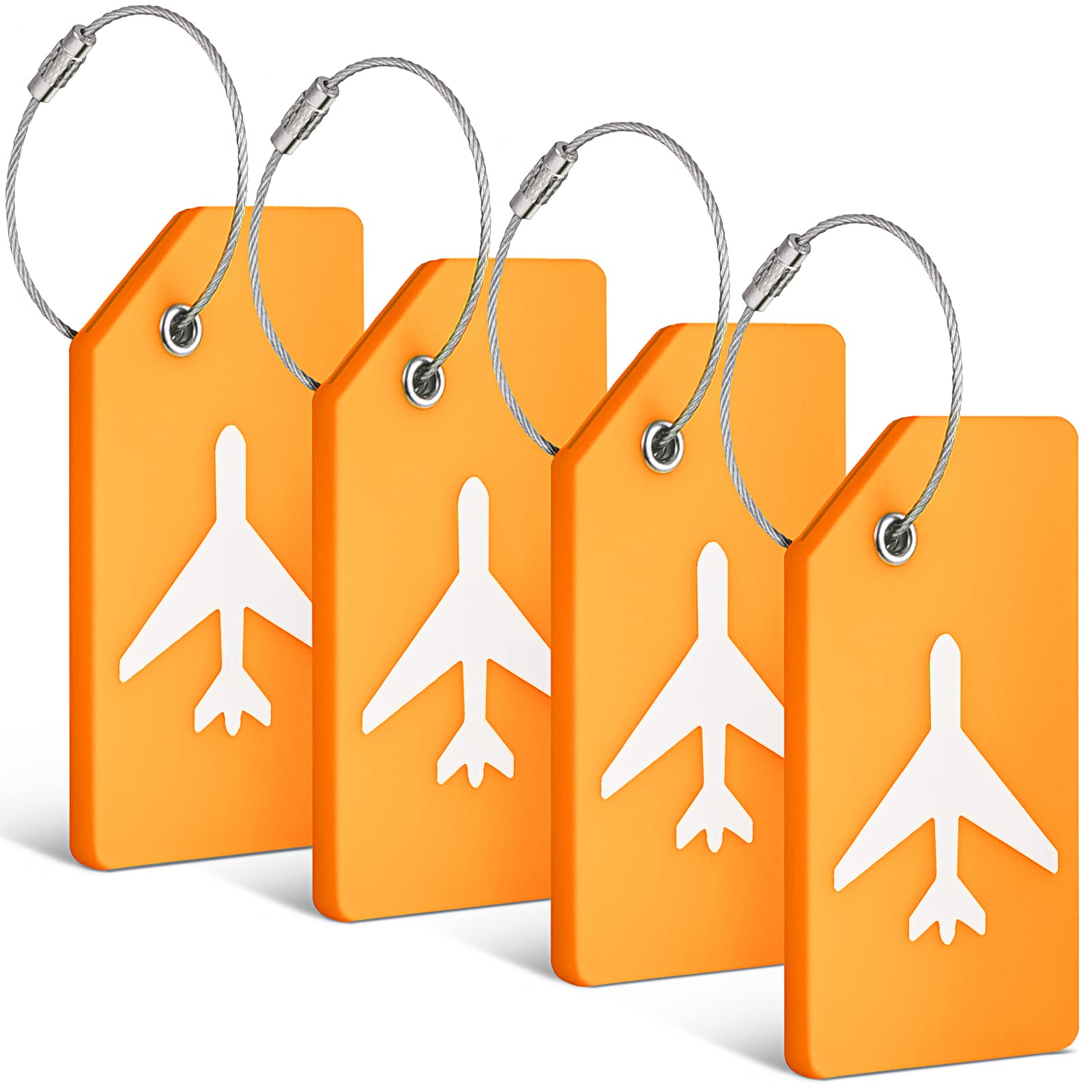 4 Pack Luggage Tags, Flexible & Bright Silicone Personalized Baggage Tags Including Name Cards with Partial Privacy Cover & Stainless Steel Loops for Secure Fastening(Orange)