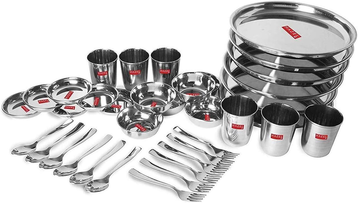 HAZEL Home Kitchen Set I Steel Dinner Set of 36 Pieces I Unbreakable Dinner Set for Kitchen Items I Durable Stainless Steel Dinner Set for Daily Purpose Usage with Glossy Silver Finish