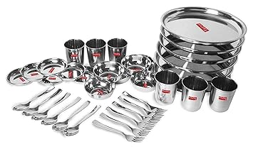 Kitchen Set I Steel Dinner Set of 36 Pieces I Unbreakable Dinner Set for Kitchen Items I Durable Stainless Steel Dinner Set for Daily Purpose Usage with Glossy Silver Finish