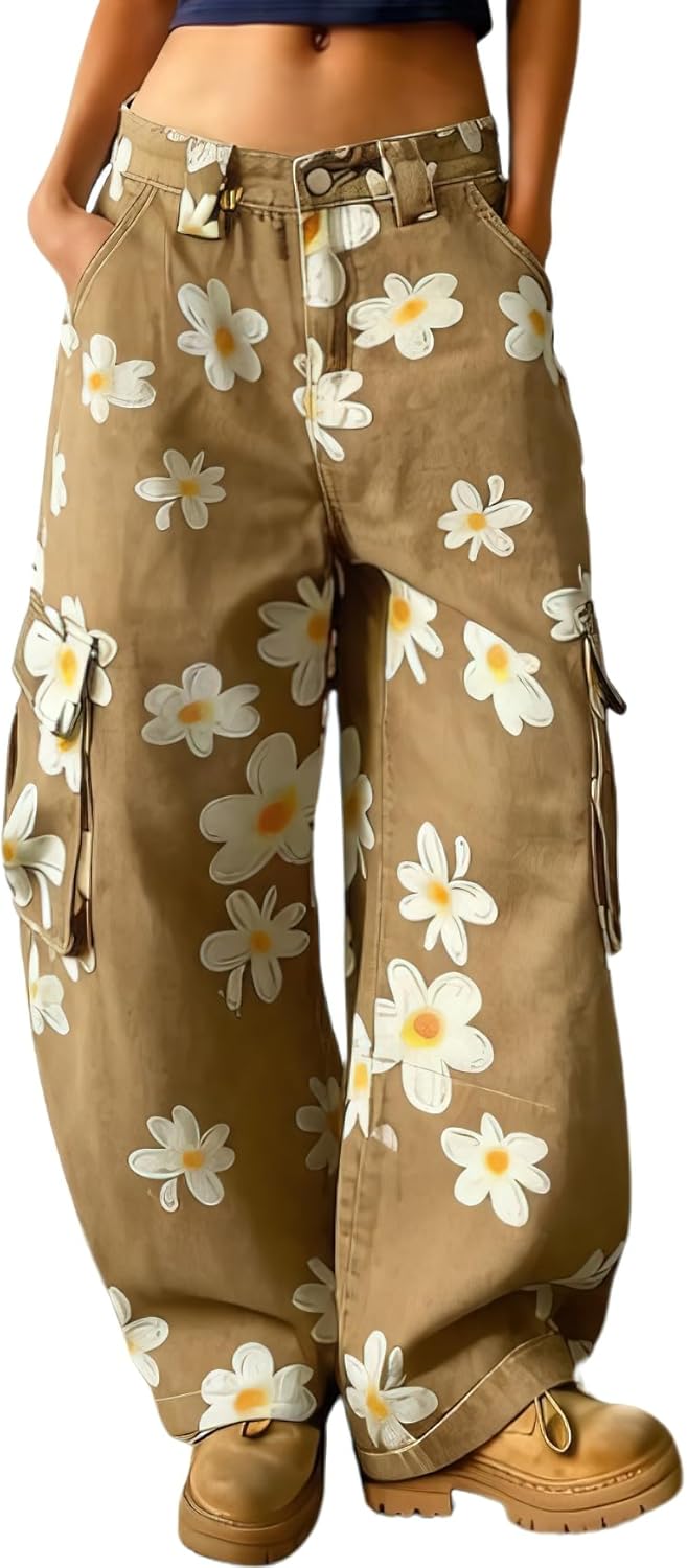 chouyatou Women's Floral Print Mid Rise Barrel Jeans Wide Leg Baggy Y2K Denim Pants Cargo Jeans Boyfriend