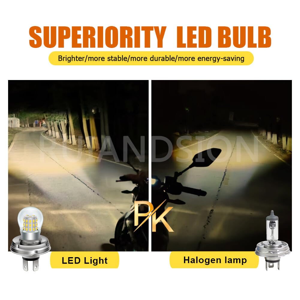 Ruiandsion Ampoule LED P45T H5 R2, 4300K Blanc Chaud 39SMD 3014 1000LM, Non Polaire Feu Route & Croisement 2 en 1, 10-30V Phare Moto VTT Scooter, Lot de 2