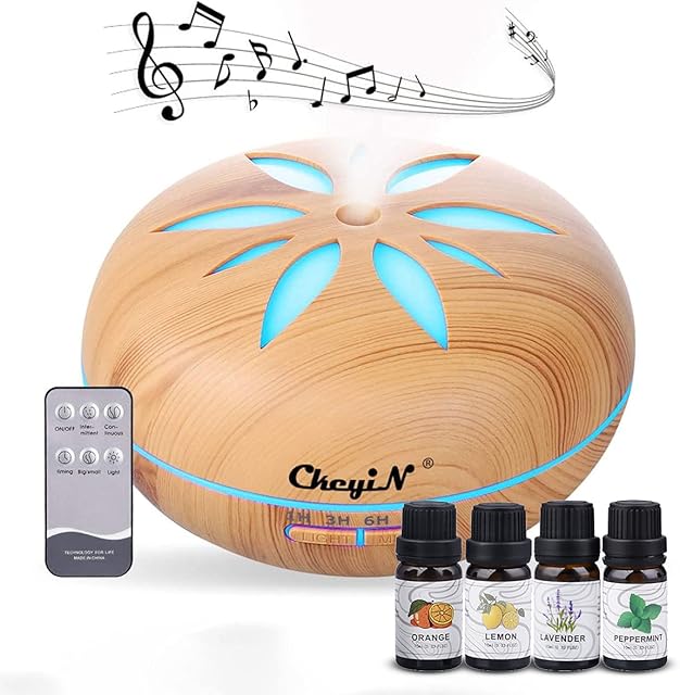 CkeyiN 550ml Essential Oil Diffuser with Bluetooth Speaker, Aroma Diffuser 4Pcs Essential Oil Set, Cool Mist Humidifier with Adjustable Mist Mode, Waterless Auto Shut-off