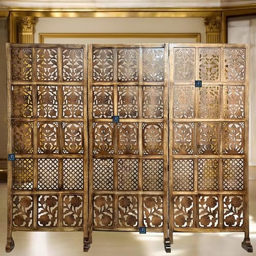 Image of Wooden Room Partition /Screen /Room Divider /Room Separator Burnt Wood Finish (Hand Buffing) Frame Traditional Handicrafts 6Ft Height (30 Inches Width 3 Panel)