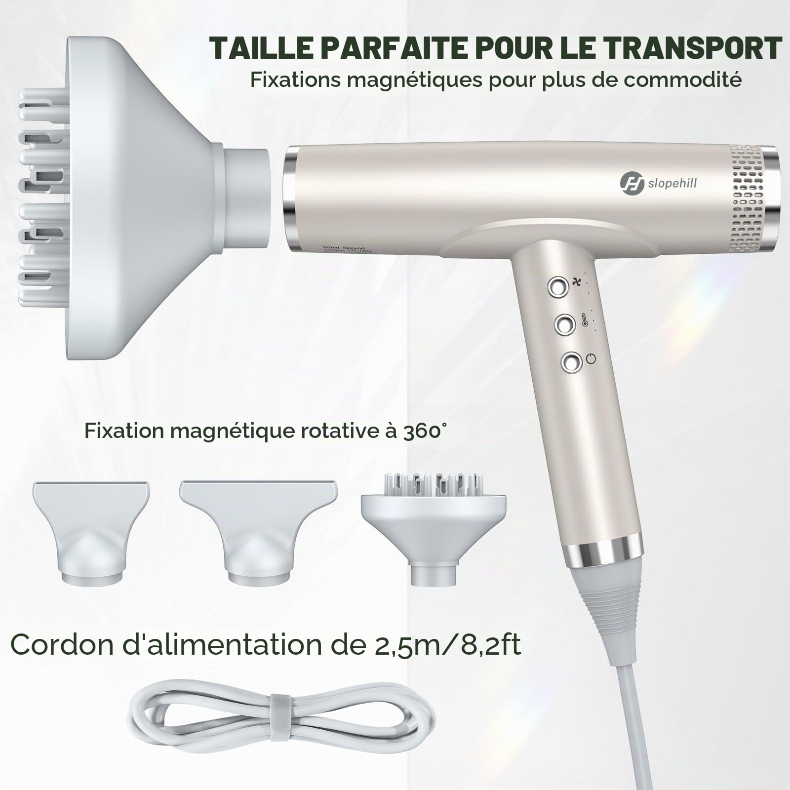 slopehill Sèche-cheveux ionique, 110 000 tr/min, moteur sans balais, séchage rapide, avec diffuseur magnétique, peu de bruit/technologie biocéramique, pour la maison, les voyages, le salon (Champagne