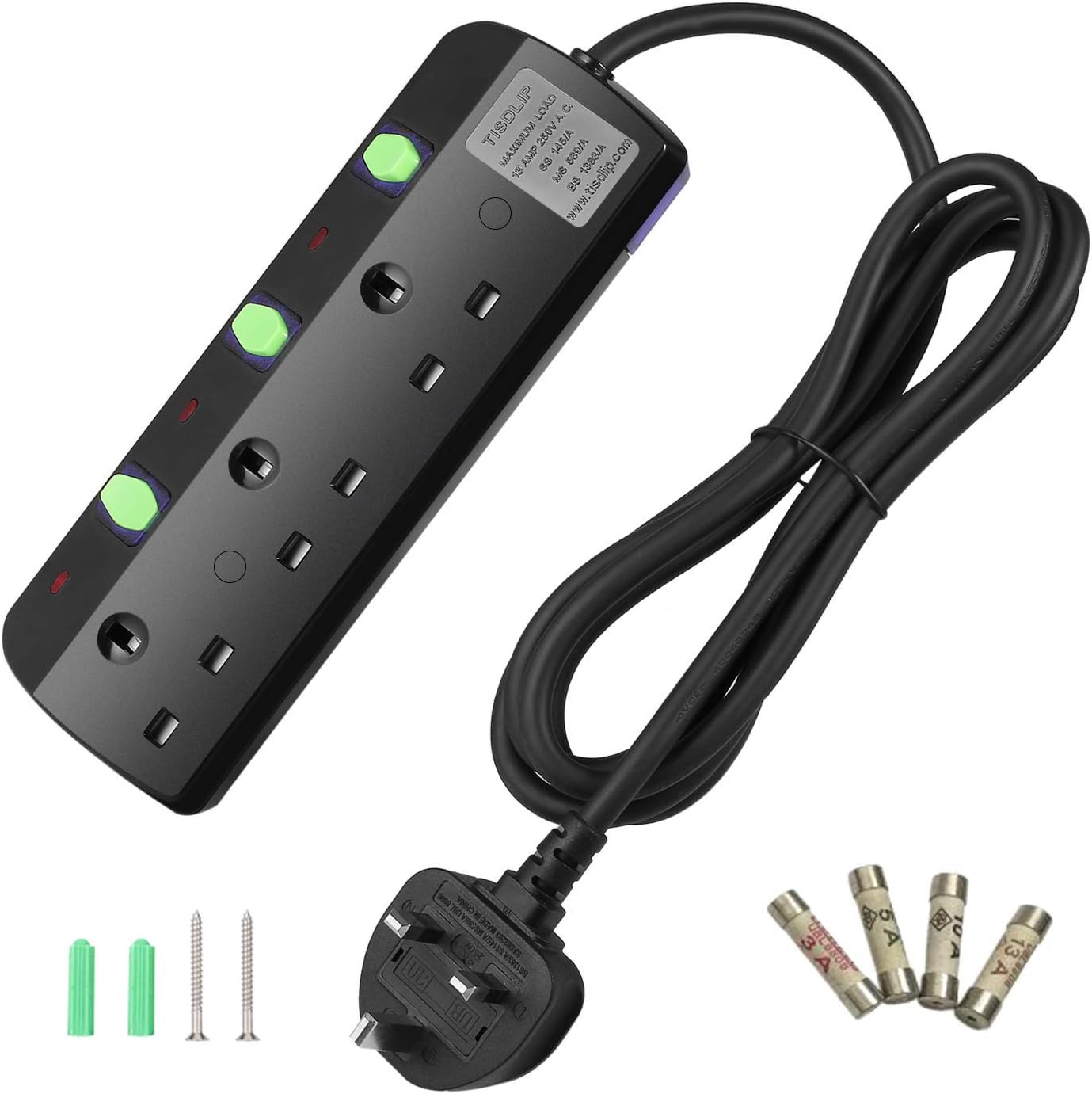 TISDLIP Extension Socket 3 Gang Power Strip with Individual Switches 1.8M/5.9FT Black 13Amp