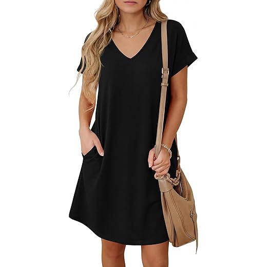BTFBM Women V-Neck Short Sleeve Summer Dresses 2023 Spring Casual Loose T-Shirt Tunic Short Dress Pajamas with Pockets(Black, Medium)