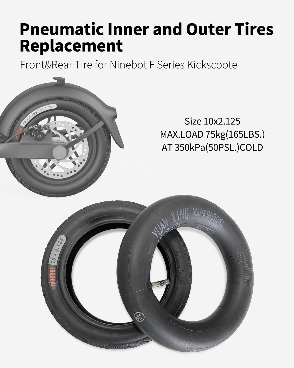 10x2.125 Outer Tire Inner Tube Compatible with Ninebot by Segway Kickscooter F25/F30/F40/F65/D18W/D28U10 Inch Non-Slip Tyre Original Inflatable Inner and Outer Tires(10x2.125 Outer Tire + Inner Tube)