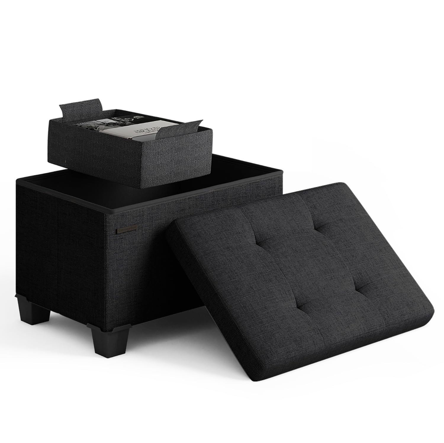 Storage Ottoman Cube with Small Bin, 16-in Square Ottoman with Storage for Living Room and Bedroom, Small Ottomans Foot Rest, Fabric Foot Stools