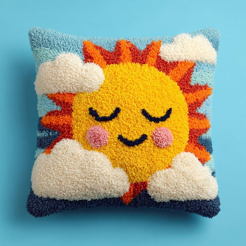 WallustrioaW Latch Hook Pillow Case Kits,Smiling Sun 17X17 Inch Latch Hook Cushion Cover Kit,Knitting Kits Cushion for Adults Rug Making Kit for Starters