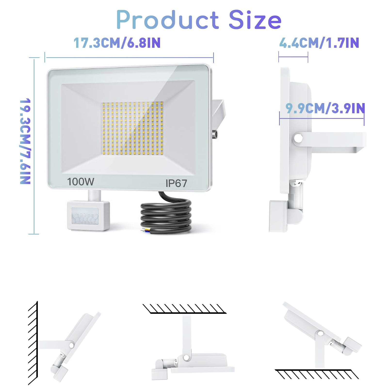 2PC Focos LED Exterior con Sensor Movimiento, 100W 10000LM Foco Proyector LED para Exterior, 6500K Blanco Frío Floodlight IP67 Impermeable Iluminación para Jardín, Garaje, Patio