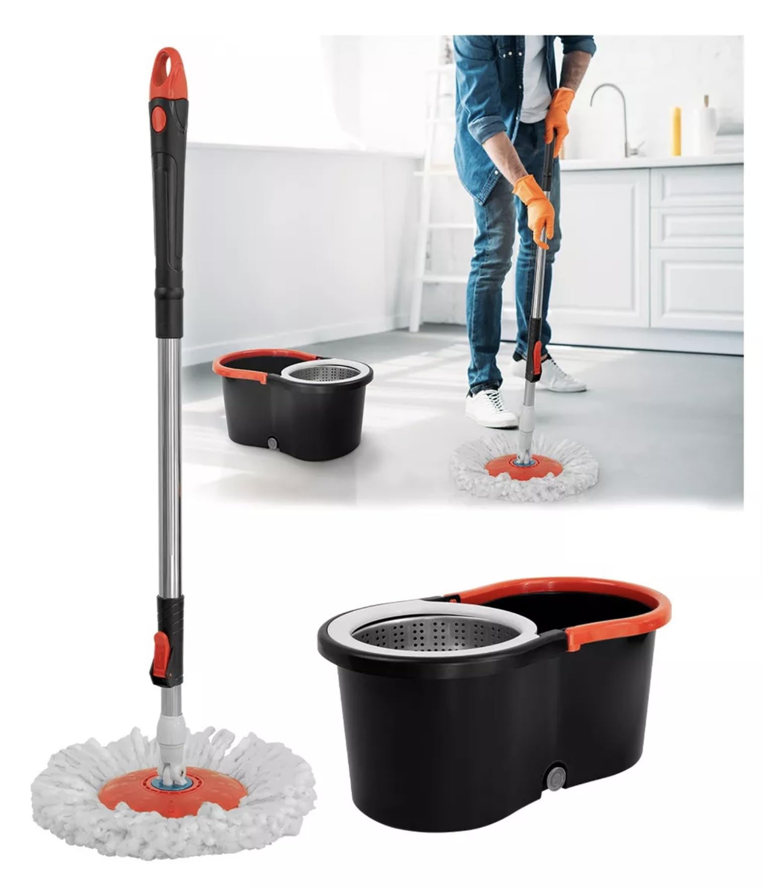 SELECTSHOP Trapeador con Exprimidor, Cubeta, Mop Giratorio de Microfibra, Mágico para Limpieza (Negra)