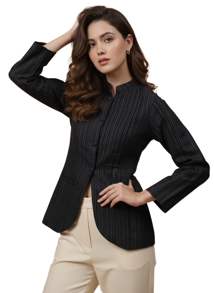 Women’s Striped Thick Material Jacket with Mandarin Collar – Tailored Fit Casual Blazer-image-28