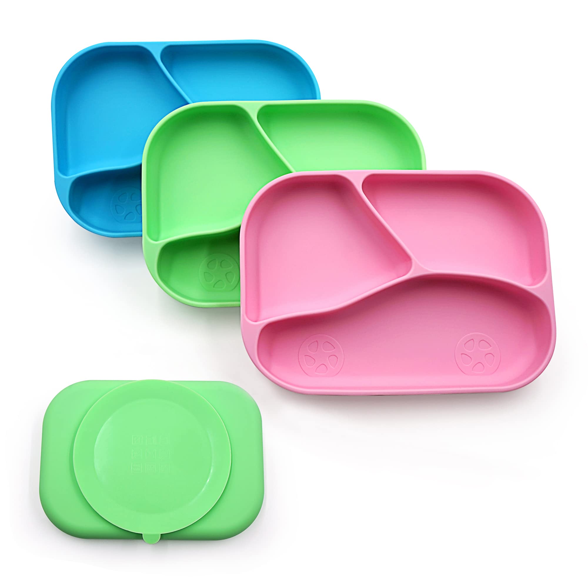 Kazualv toddler plates suction plates for baby plates with suction, kids plates, baby feeding supplies, toddler utensils, silicone plates for toddlers 1-3, BPA Free (Pink/Green/Blue)